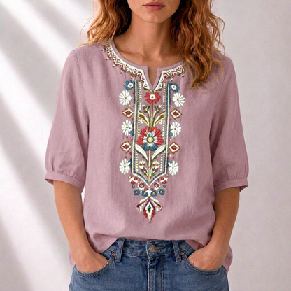 Dames Blouse met Korte Mouw, Geborduurd Bloemmotief en Split-hals
