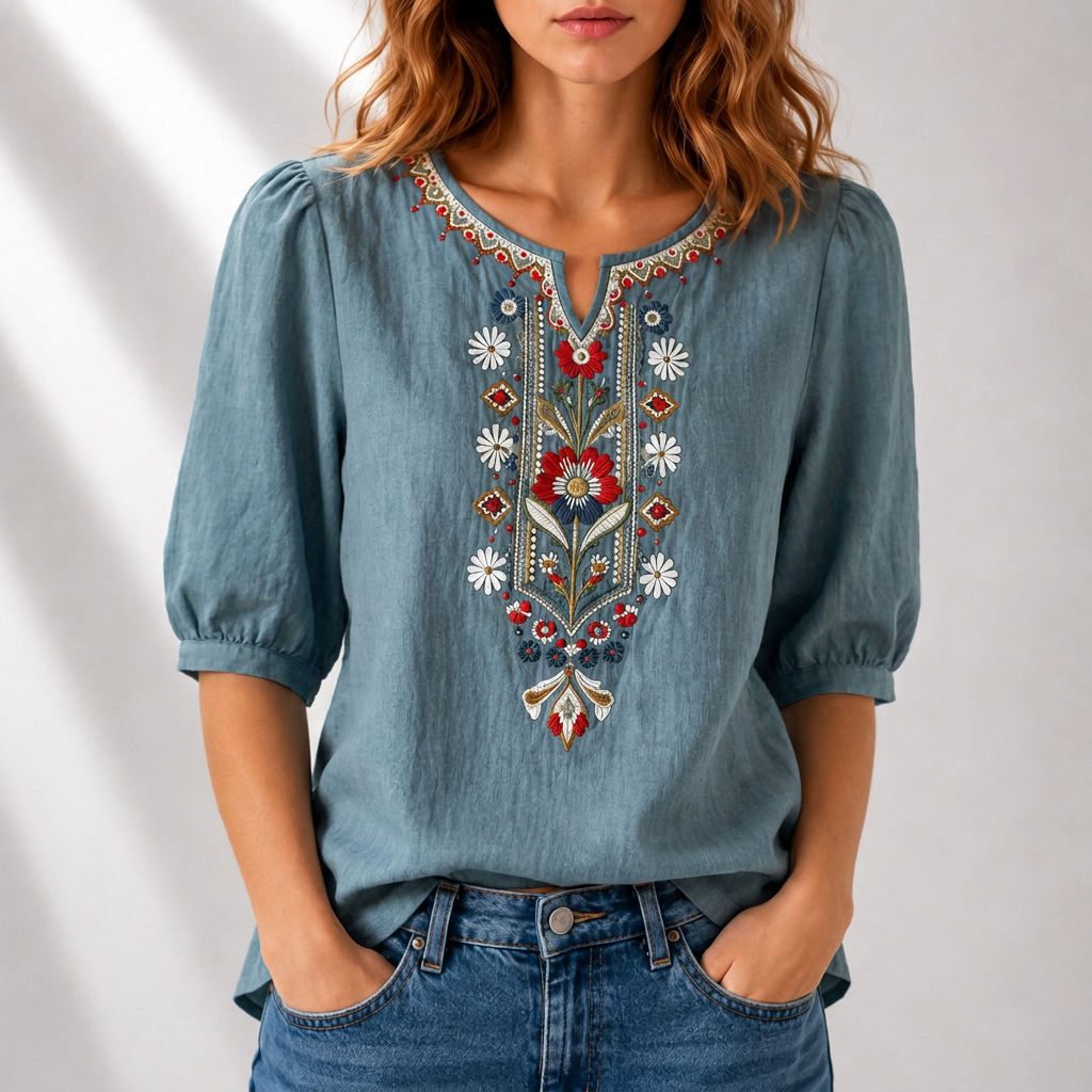 Dames Blouse met Korte Mouw, Geborduurd Bloemmotief en Split-hals
