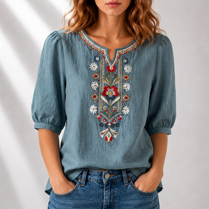 Dames Blouse met Korte Mouw, Geborduurd Bloemmotief en Split-hals