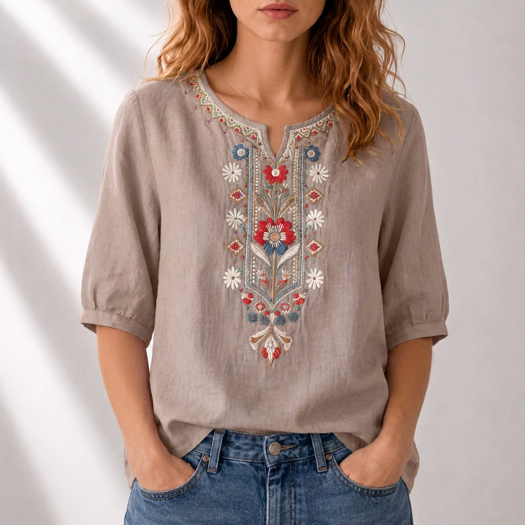 Dames Blouse met Korte Mouw, Geborduurd Bloemmotief en Split-hals