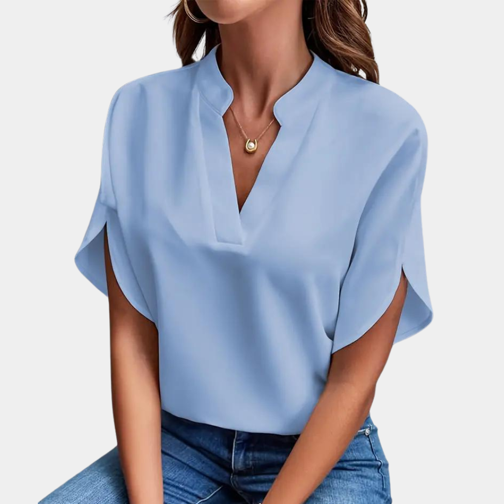 Dames Blouse met Korte Mouwen en V-hals Lichtblauw