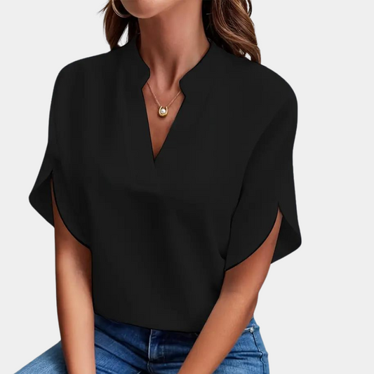 Dames Blouse met Korte Mouwen en V-hals Zwart