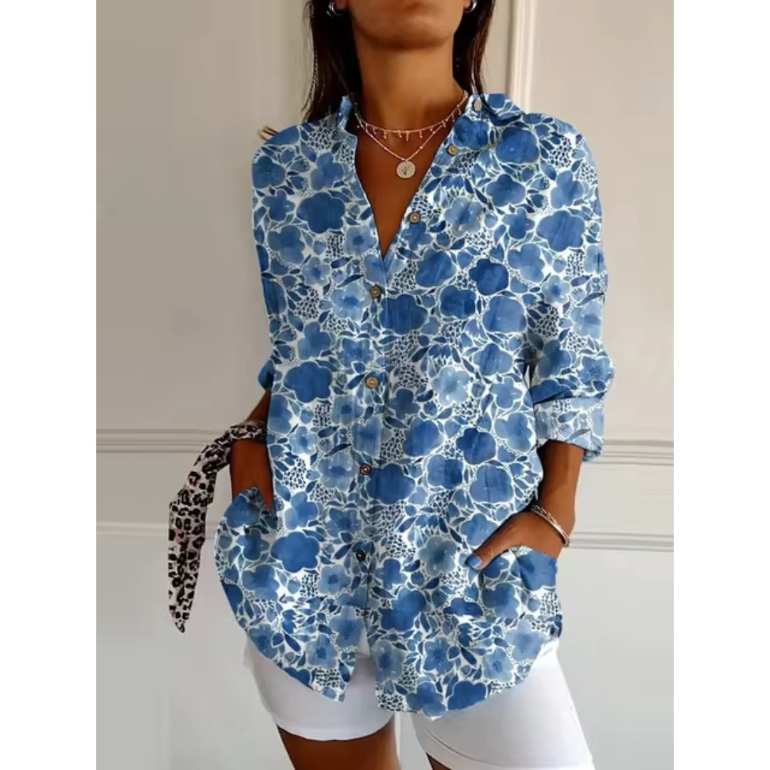 Dames Blouse met Lange Mouwen en Bloemenprint Blauw