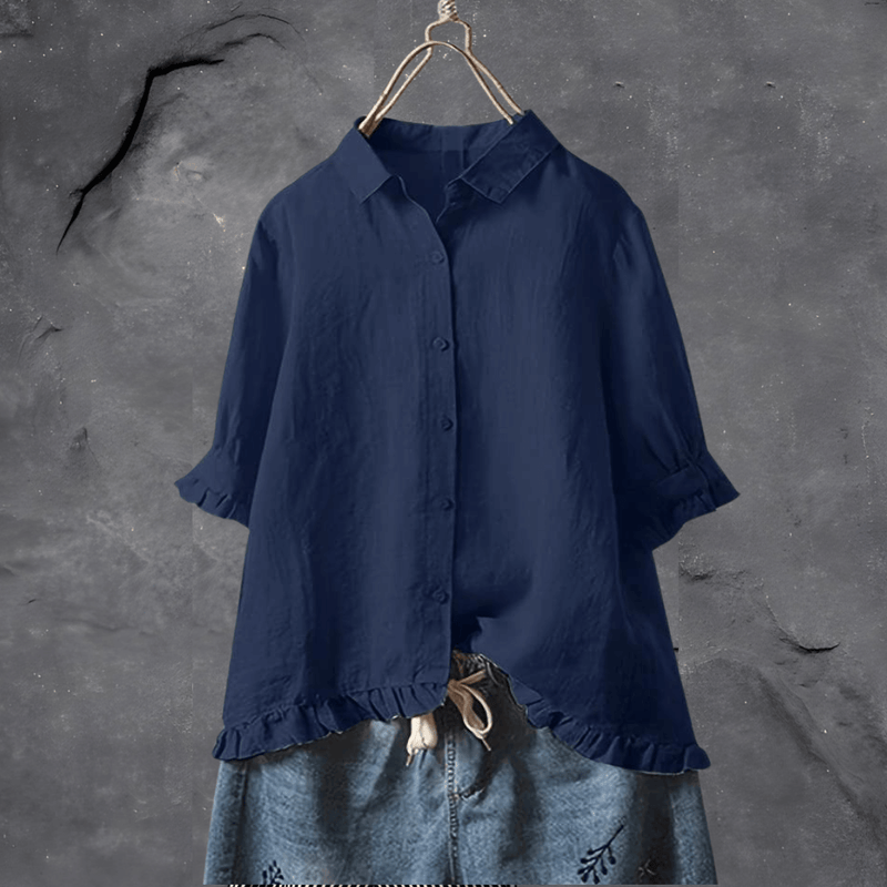 Dames Blouse met Ruche-zoom en Korte Mouwen Donkerblauw