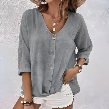 Dames Blouse met V-hals, 3/4 Mouw en Knoopsluiting