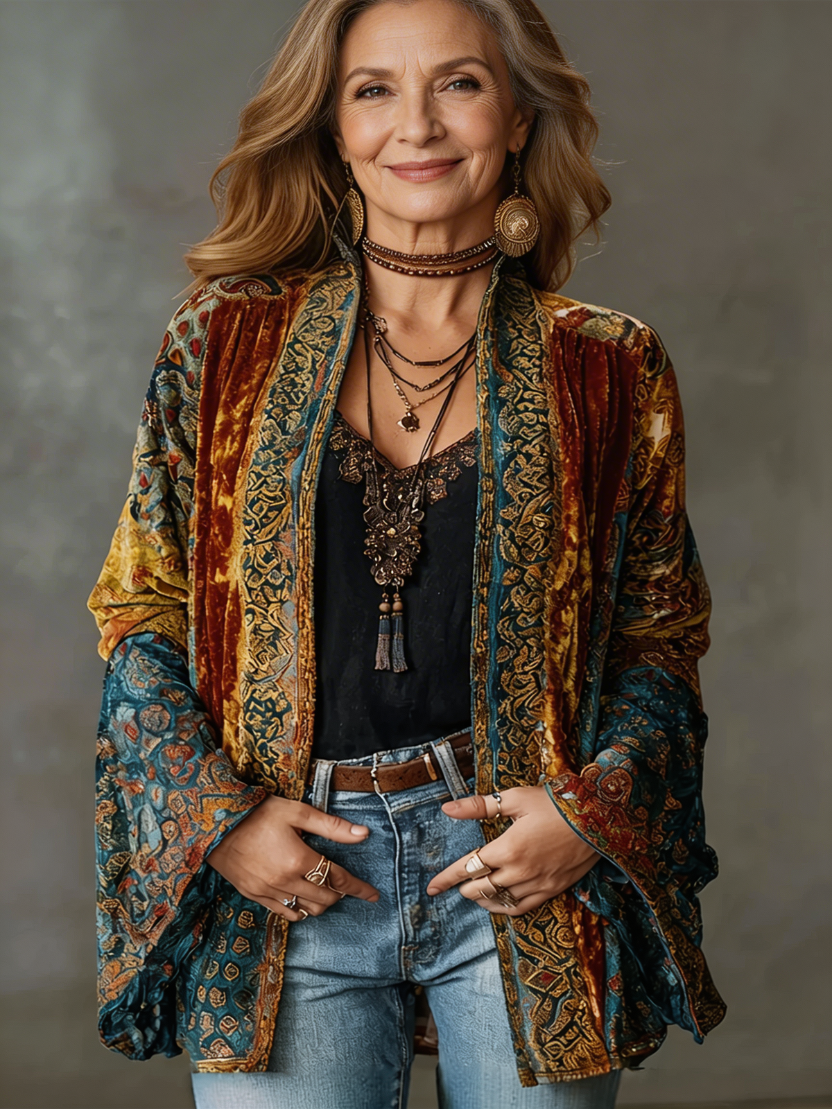 Dames Boho Kimono Cardigan met Paisley Patchwork en Wijde Mouwen