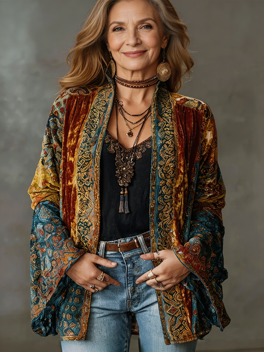 Dames Boho Kimono Cardigan met Paisley Patchwork en Wijde Mouwen