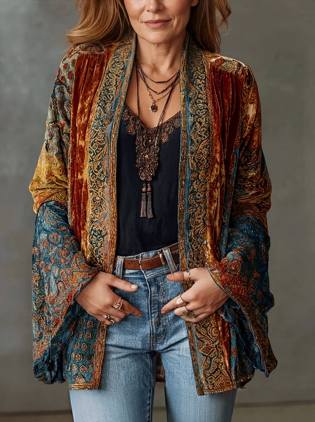 Dames Boho Kimono Cardigan met Paisley Patchwork en Wijde Mouwen