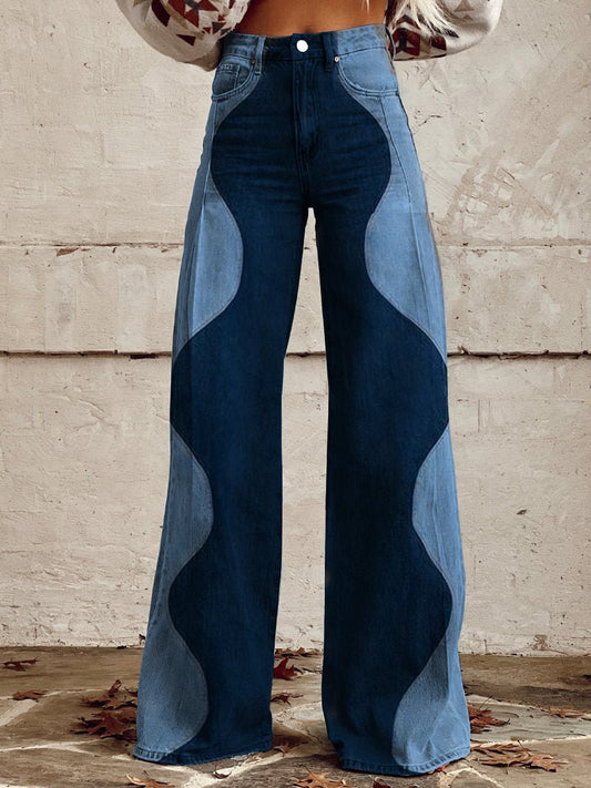 Dames Boho Lange Broek met Hoge Taille en Brede Broekspijpen Blauw Zwart