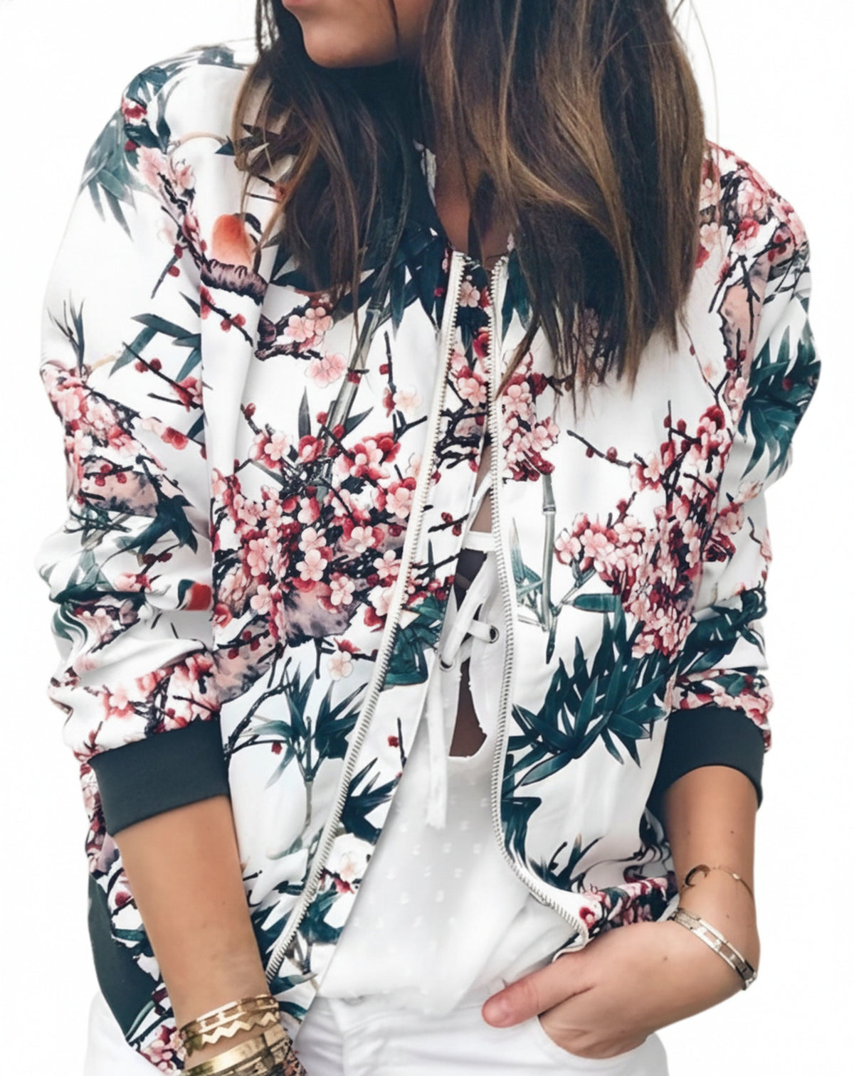 Dames Bomber Jacket met Bloemenprint en Ritssluiting