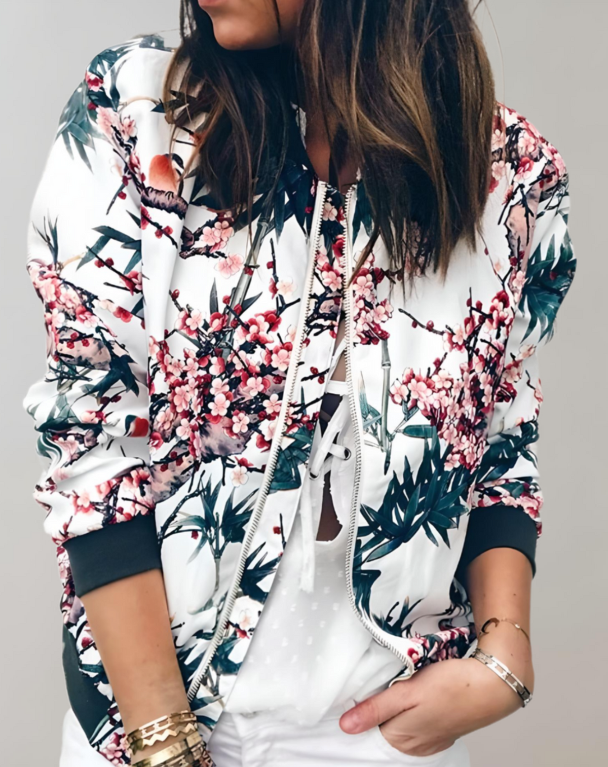 Dames Bomber Jacket met Bloemenprint en Ritssluiting