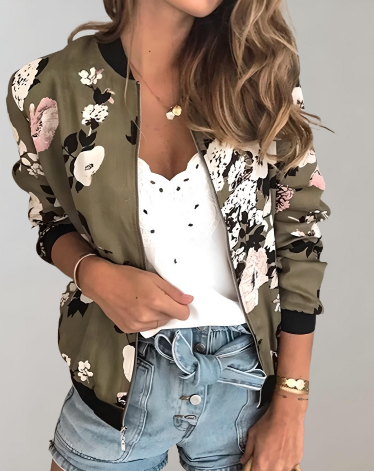 Dames Bomber Jacket met Bloemenprint en Ritssluiting