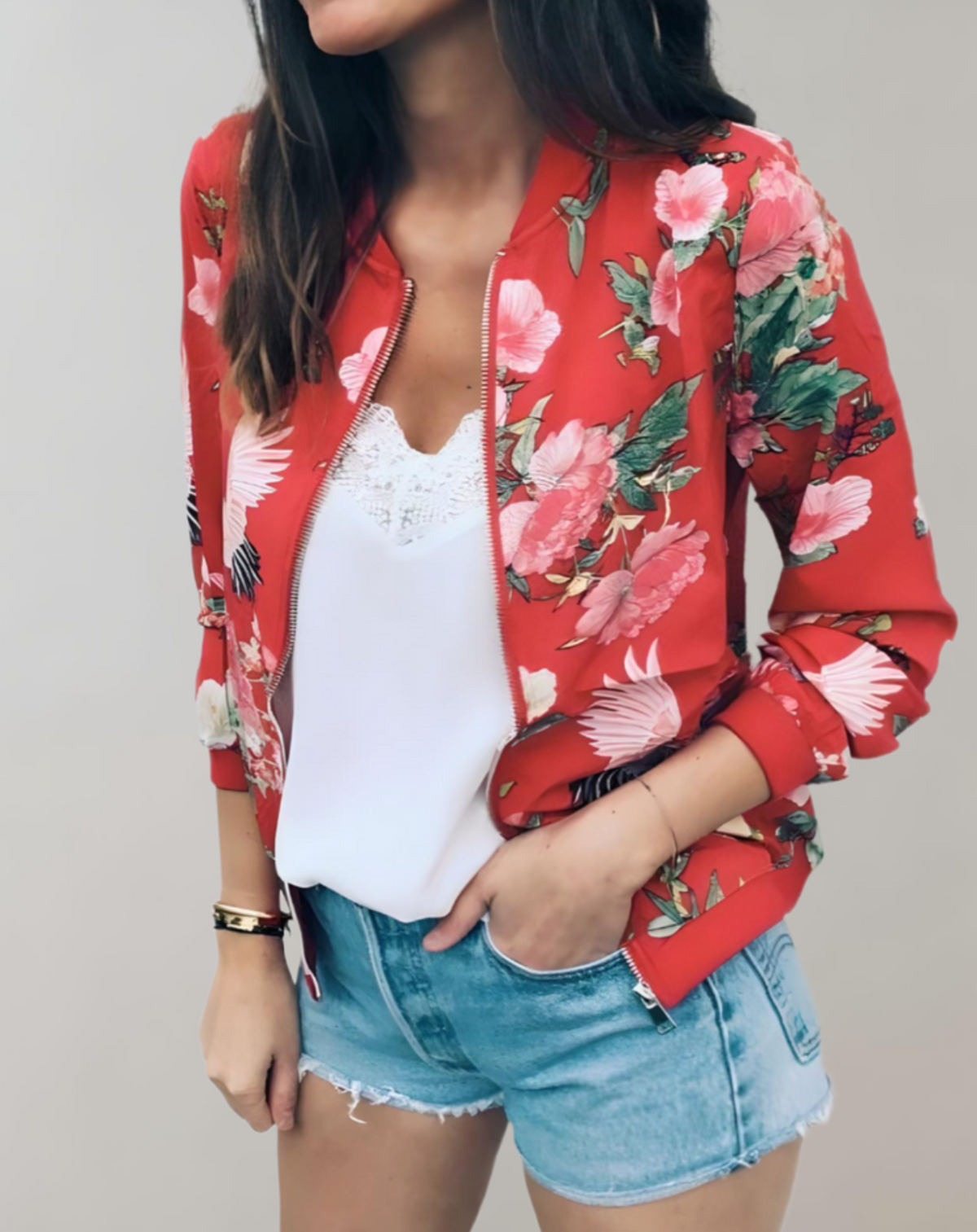 Dames Bomber Jacket met Bloemenprint en Ritssluiting