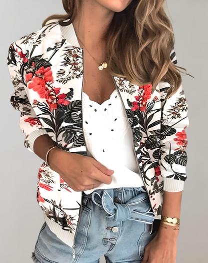 Dames Bomber Jacket met Bloemenprint en Ritssluiting