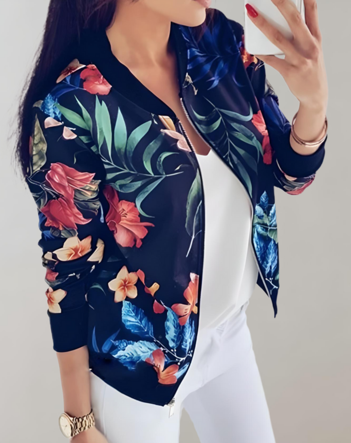 Dames Bomber Jacket met Bloemenprint en Ritssluiting