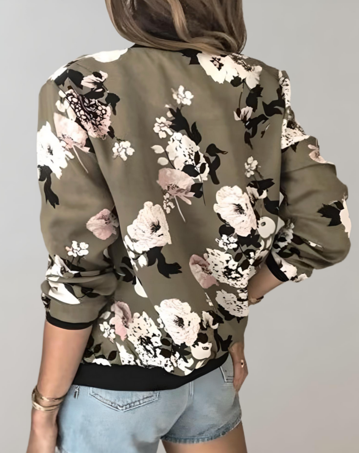 Dames Bomber Jacket met Bloemenprint en Ritssluiting