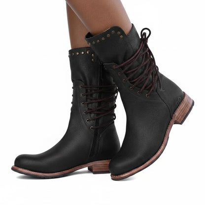 Dames Boots met Vetersluiting, Blokhak en Studs Vintage Look