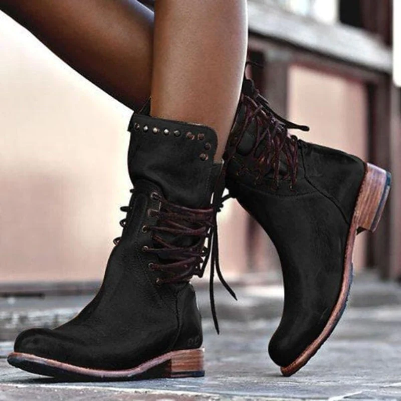Dames Boots met Vetersluiting, Blokhak en Studs Vintage Look