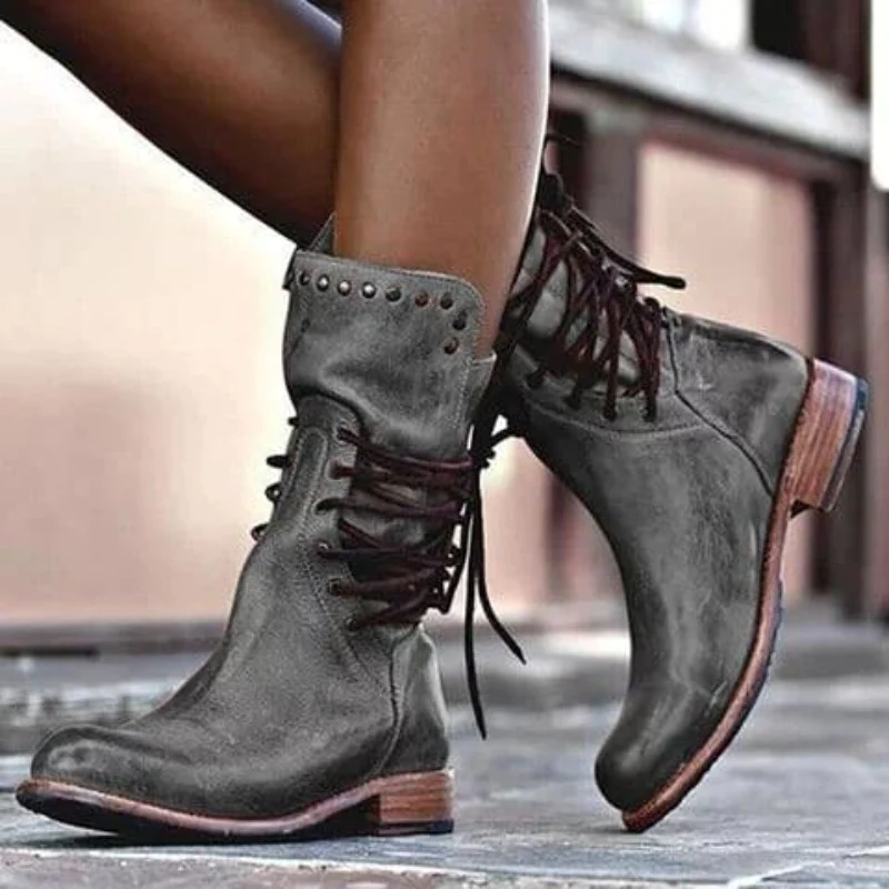 Dames Boots met Vetersluiting, Blokhak en Studs Vintage Look