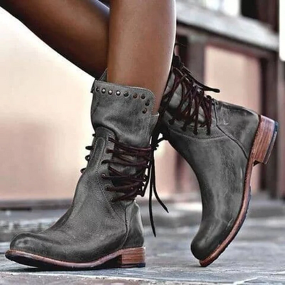 Dames Boots met Vetersluiting, Blokhak en Studs Vintage Look