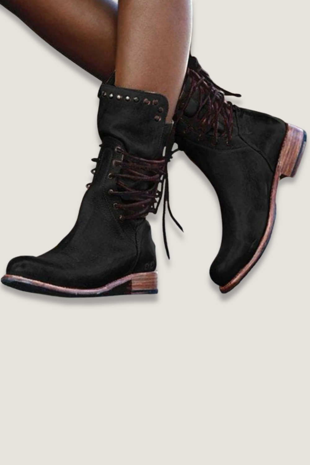 Dames Boots met Vetersluiting, Blokhak en Studs Vintage Look