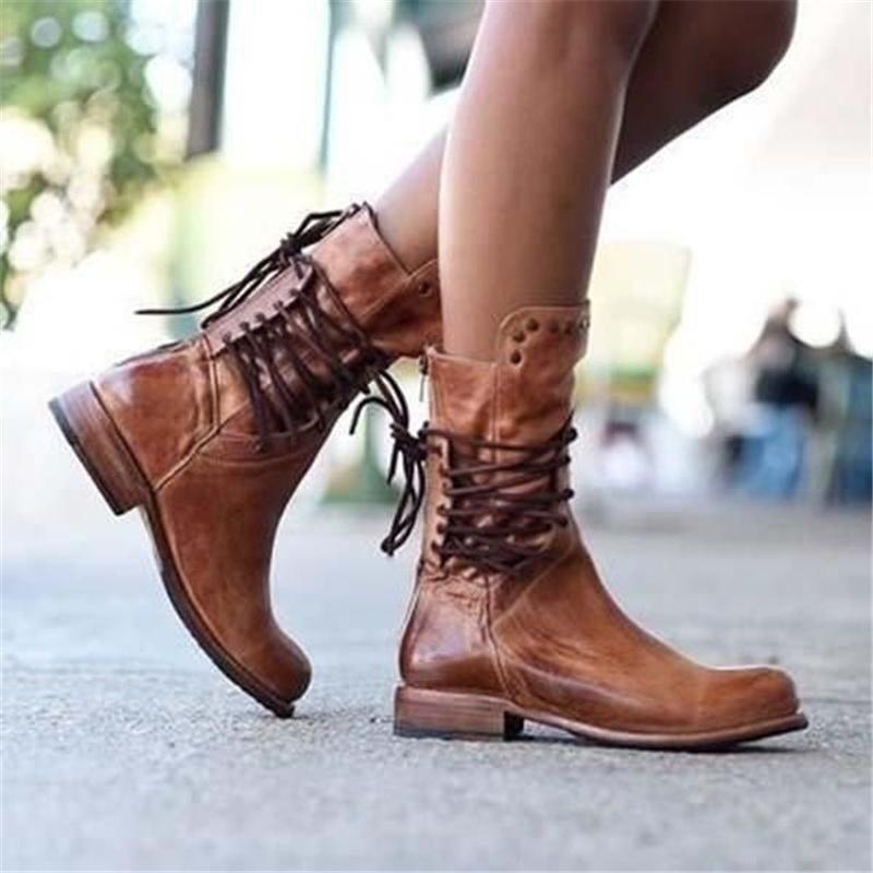 Dames Boots met Vetersluiting, Blokhak en Studs Vintage Look