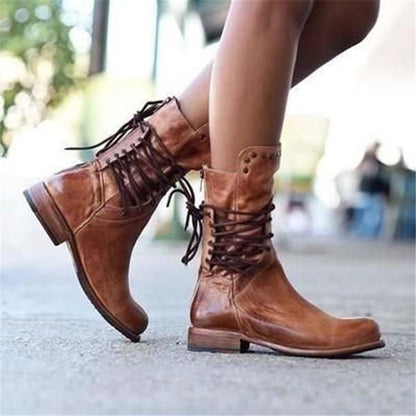 Dames Boots met Vetersluiting, Blokhak en Studs Vintage Look