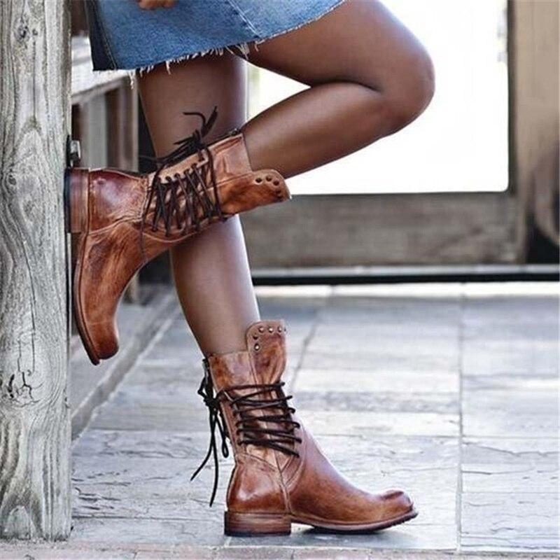 Dames Boots met Vetersluiting, Blokhak en Studs Vintage Look