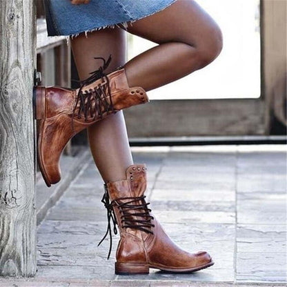 Dames Boots met Vetersluiting, Blokhak en Studs Vintage Look
