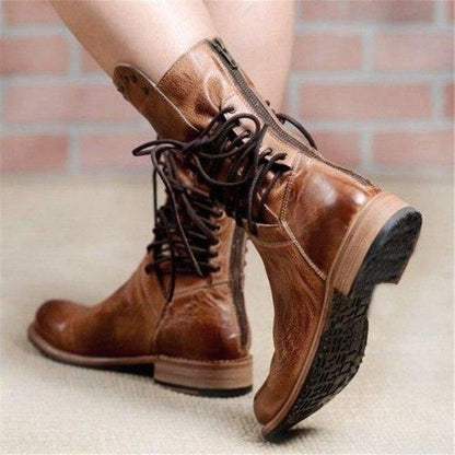 Dames Boots met Vetersluiting, Blokhak en Studs Vintage Look