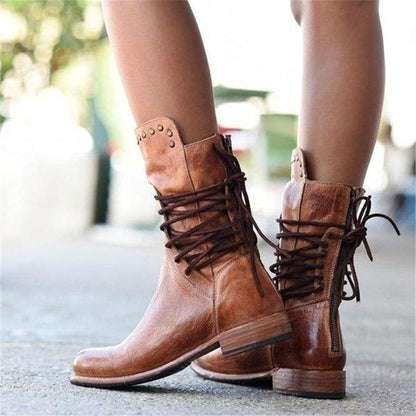 Dames Boots met Vetersluiting, Blokhak en Studs Vintage Look