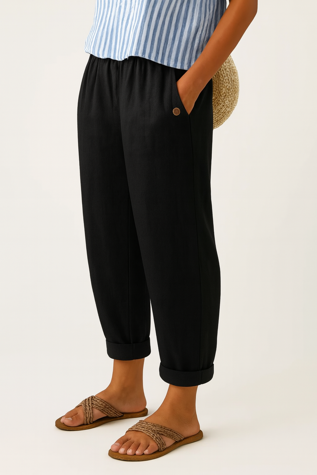 Dames Broek met Elastische Taille, Zijzakken en Omgeslagen Pijpen Zwart