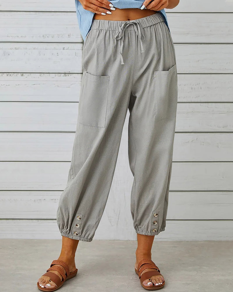 Dames Broek met Hoge Taille, Rechte Pijpen en Knoopdetails Grijs