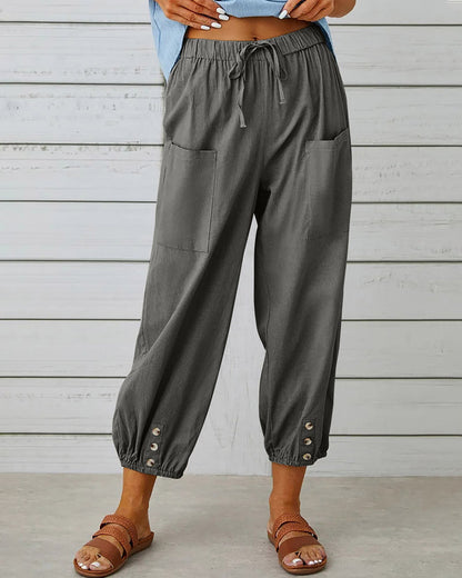 Dames Broek met Hoge Taille, Rechte Pijpen en Knoopdetails Donkergrijs