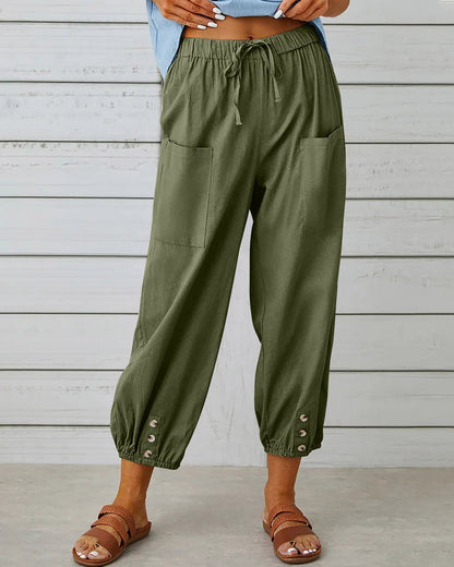 Dames Broek met Hoge Taille, Rechte Pijpen en Knoopdetails Olijfgroen