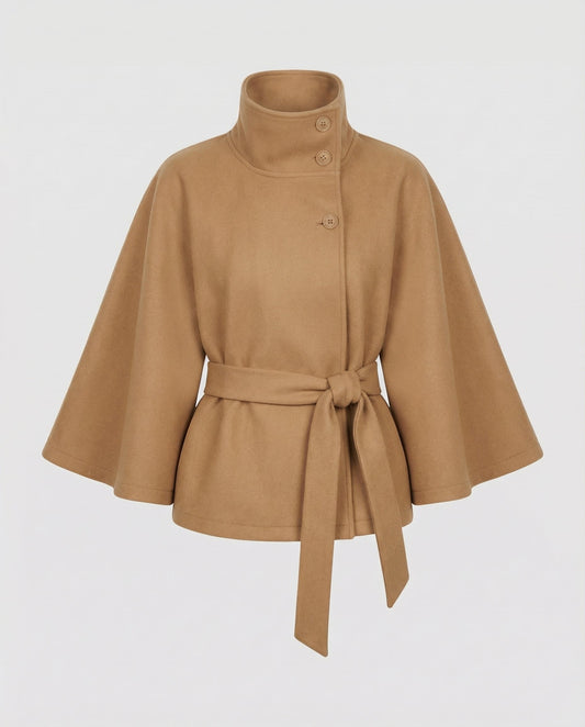 Dames Cape Jacket met Hoge Kraag en Strikceintuur