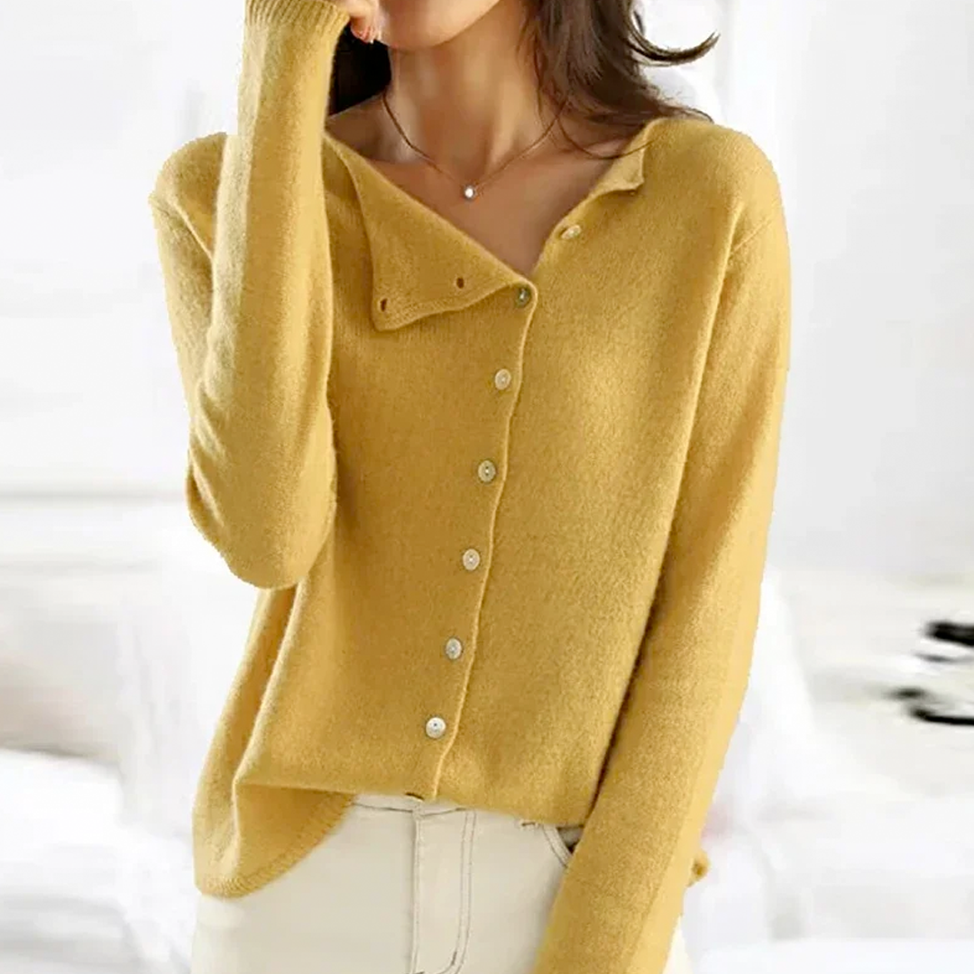 Dames Cardigan Asymmetrisch met V-hals en Knopen Geel