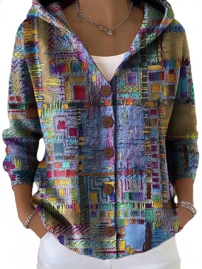 Dames Cardigan met Capuchon en Knoopsluiting Lange Mouw met Print