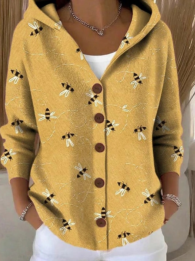 Dames Cardigan met Capuchon en Knoopsluiting Lange Mouw met Print