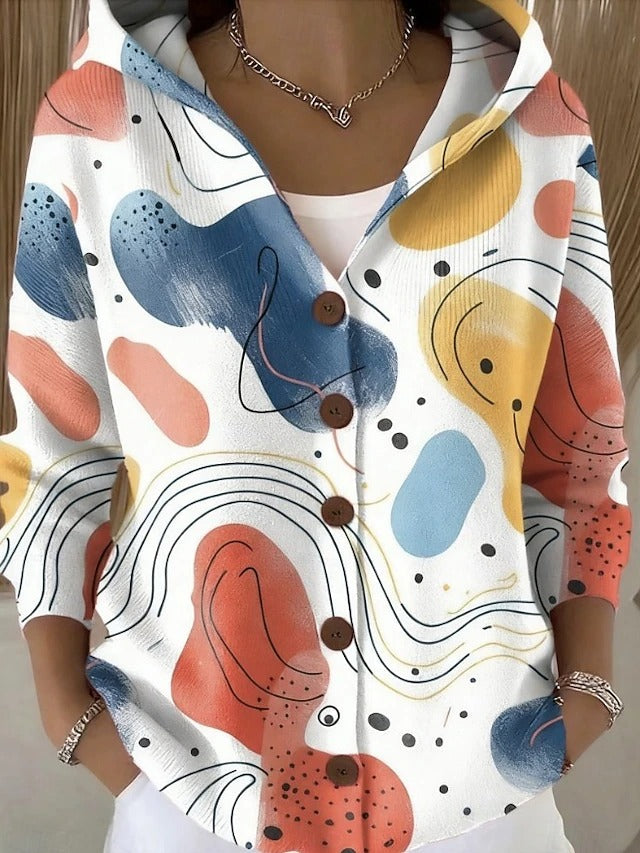 Dames Cardigan met Capuchon en Knoopsluiting Lange Mouw met Print