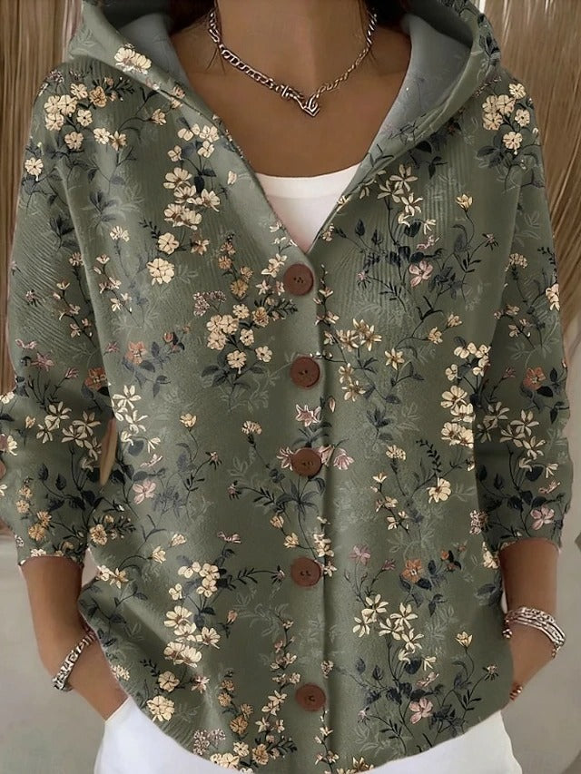 Dames Cardigan met Capuchon en Knoopsluiting Lange Mouw met Print