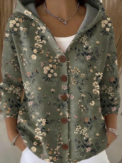 Dames Cardigan met Capuchon en Knoopsluiting Lange Mouw met Print