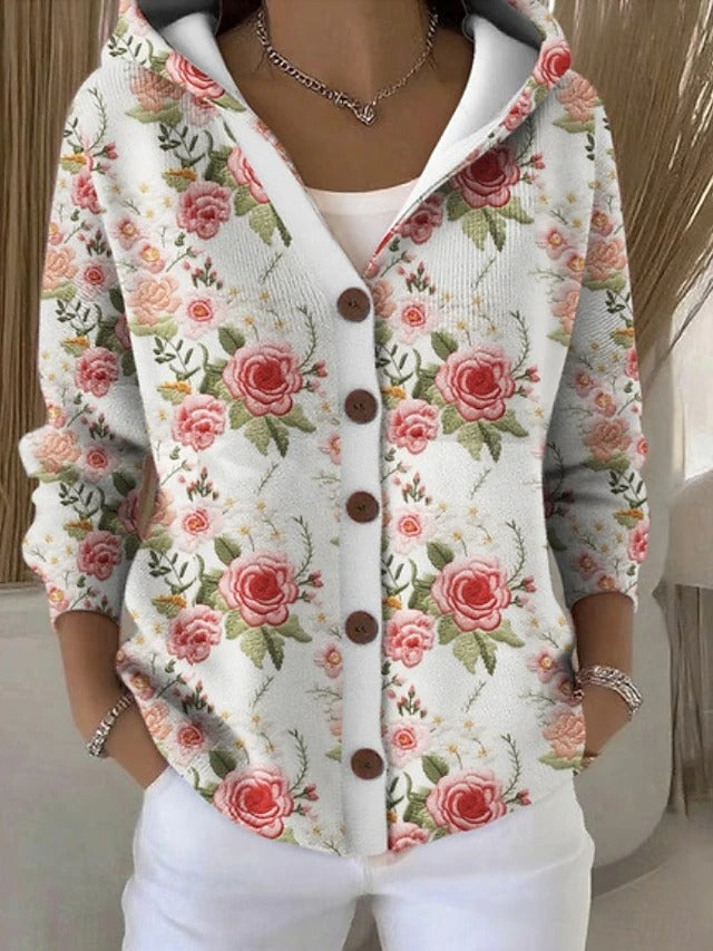 Dames Cardigan met Capuchon en Knoopsluiting Lange Mouw met Print