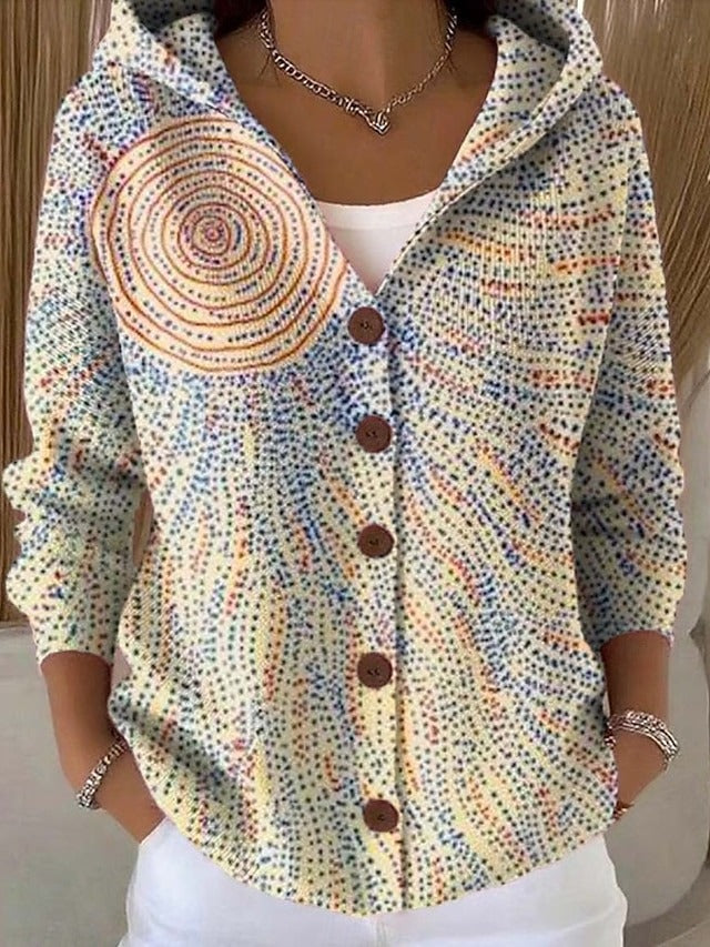 Dames Cardigan met Capuchon en Knoopsluiting Lange Mouw met Print
