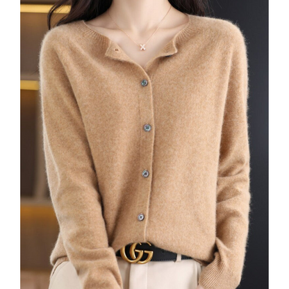 Dames Cardigan met O-hals en Lange Mouwen Lichtbruin