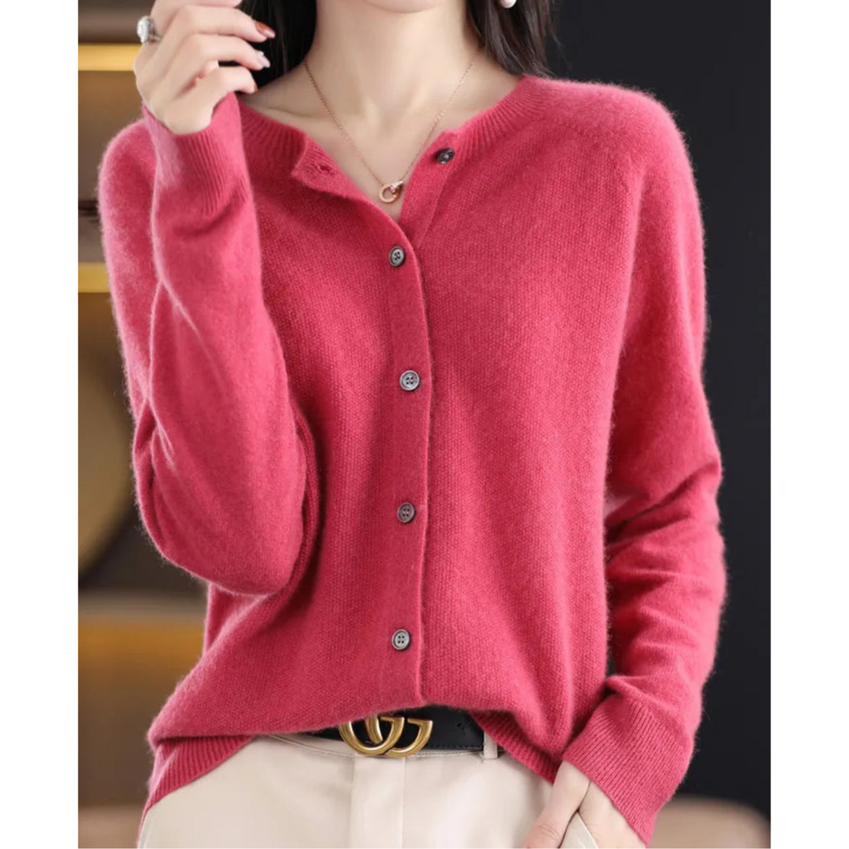 Dames Cardigan met O-hals en Lange Mouwen Donkerroze