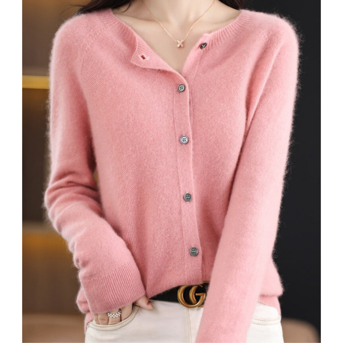 Dames Cardigan met O-hals en Lange Mouwen Roze