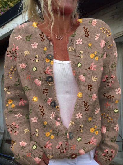 Dames Cardigan met Trendy bloemenprint en Knoopsluiting Bruin