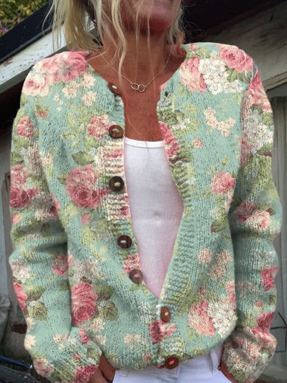 Dames Cardigan met Trendy bloemenprint en Knoopsluiting Donkergroen