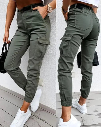Dames Cargo Broek Slim Fit met Hoge Taille en Elastische Enkelboord